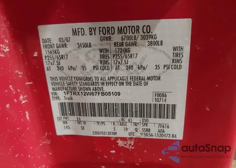 2007 Ford F-150 Stx/Xl/Xlt z USA, uszkodzony, nr VIN 1FTRX12W67FB05109